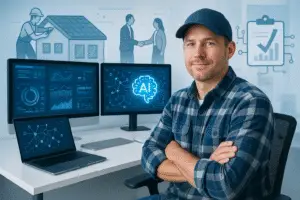 Confident entrepreneur at a sleek workspace, surrounded by AI visuals, showcasing innovation and practicality.