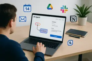 alt_text: A modern workspace with a laptop, AI agent interface, and digital tools, depicting collaboration and productivity.