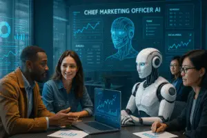 alt_text: A futuristic workspace where humans and AI collaborate on marketing tasks using holographic displays.