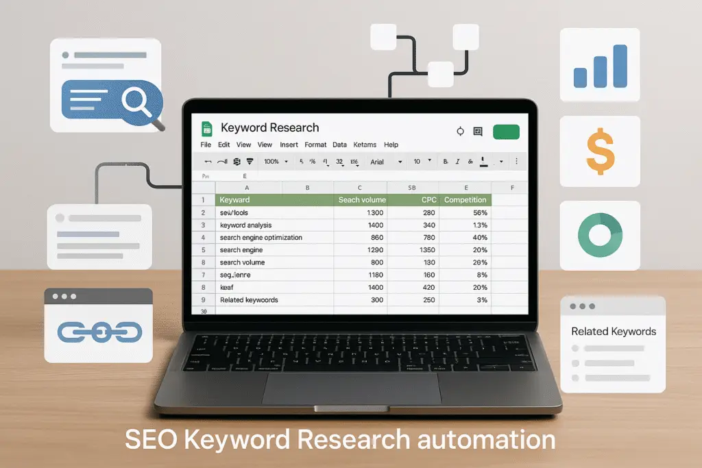 alt_text: A sleek laptop shows automated keyword research, with flowcharts and metrics in a modern design.