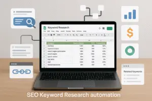 alt_text: A sleek laptop shows automated keyword research, with flowcharts and metrics in a modern design.