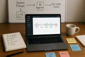 A modern workspace with a laptop showcasing N8N workflows, notes, and a warm, inviting atmosphere.