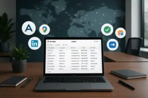 alt_text: A modern office with a laptop showing a lead generation dashboard, icons, and a world map backdrop.