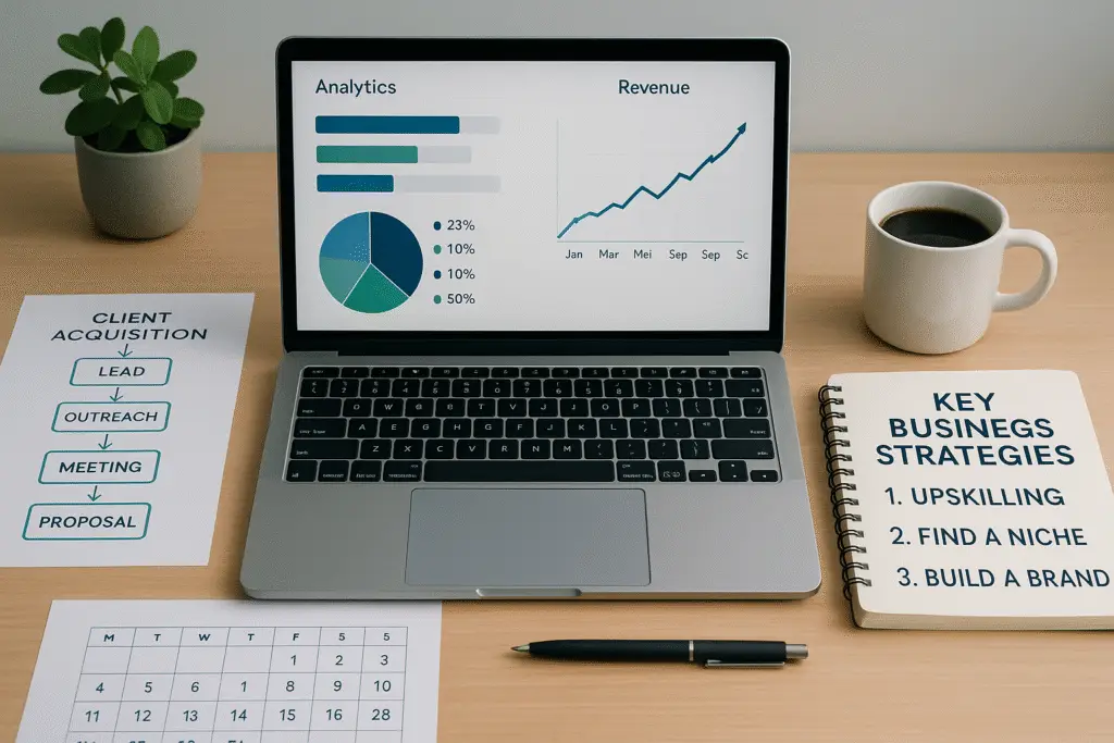 A sleek workspace with a laptop, notepad, coffee, flowchart, and calendar, symbolizing business growth.