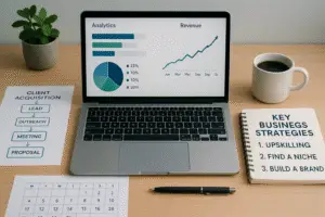 A sleek workspace with a laptop, notepad, coffee, flowchart, and calendar, symbolizing business growth.