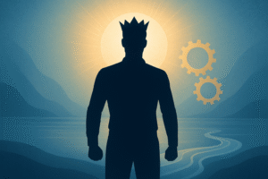 A confident silhouette in a serene setting symbolizes inner power, transformation, and creative flow.
