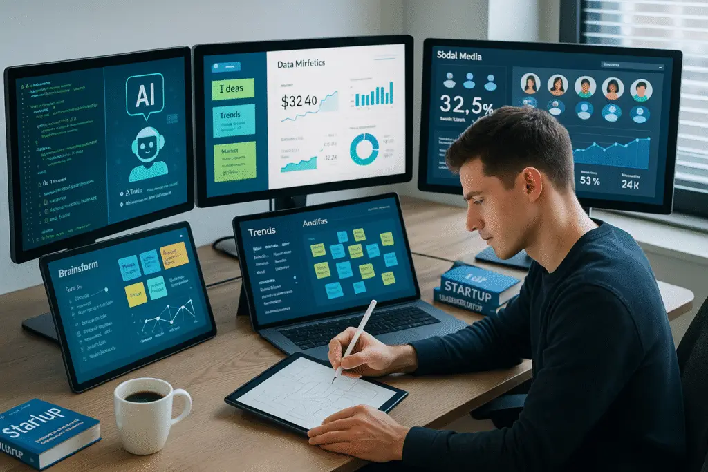 A focused entrepreneur navigates a high-tech workspace, crafting a billion-dollar business with AI and creativity.