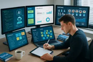 A focused entrepreneur navigates a high-tech workspace, crafting a billion-dollar business with AI and creativity.