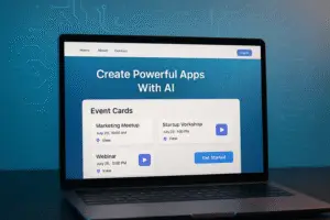 A sleek computer screen displays a modern web app interface, highlighting AI integration in design.
