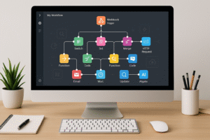 A sleek workstation with a vibrant UI, showcasing 13 key automation features for efficient workflows.
