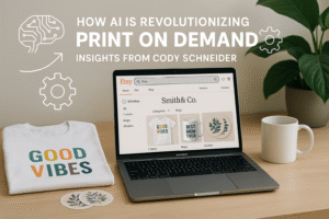 Modern workspace with laptop, print-on-demand products, and automation elements for aspiring entrepreneurs.