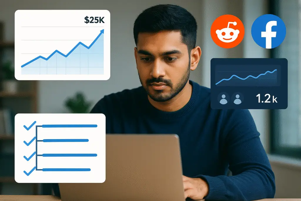 A focused entrepreneur on a laptop, surrounded by growth graphs, social media icons, and strategy symbols.