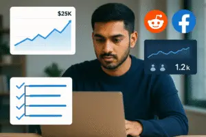 A focused entrepreneur on a laptop, surrounded by growth graphs, social media icons, and strategy symbols.