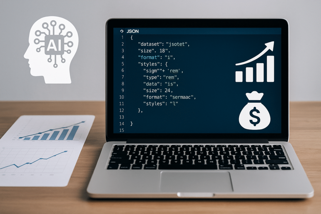 Modern cover image highlighting AI, JSON, and business growth for an educational blog.