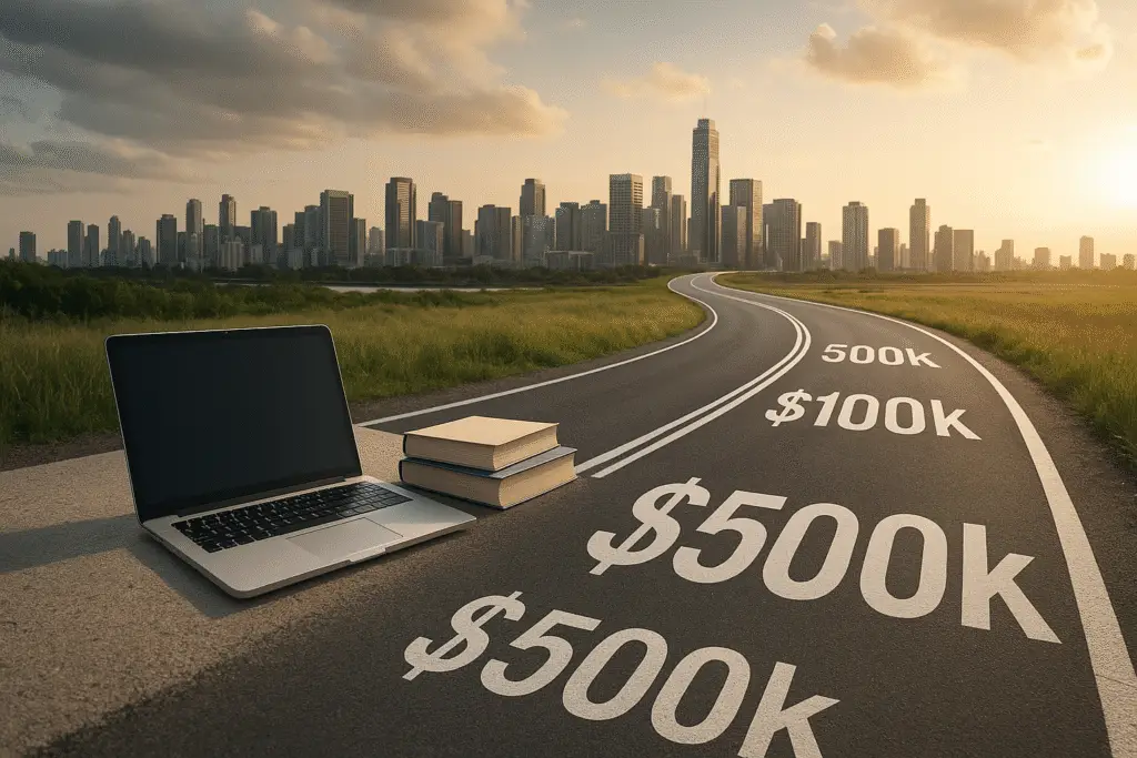 A vibrant road to success with financial milestones, laptops, and books, set against a modern skyline.