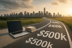 A vibrant road to success with financial milestones, laptops, and books, set against a modern skyline.