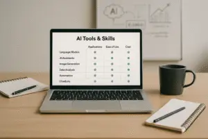 A modern workspace with a laptop showcasing AI tools, evoking clarity and productivity for business success.