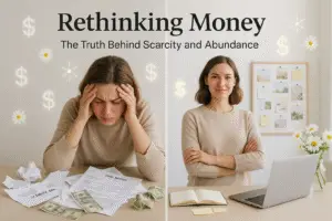 A split-screen image contrasting financial struggle with empowerment, symbolizing transformation and abundance.
