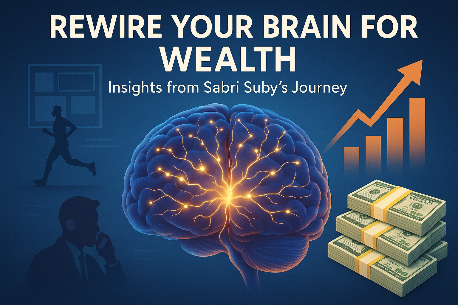 A vibrant cover image depicting a glowing brain, financial growth, and daily rituals for success.