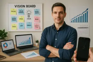 A modern office scene showcasing the entrepreneurial journey, with tools symbolizing success and innovation.