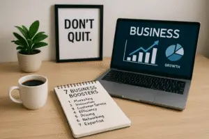 A sleek office desk featuring a "7 Business Boosters" notepad, laptop, coffee, and greenery for inspiration.