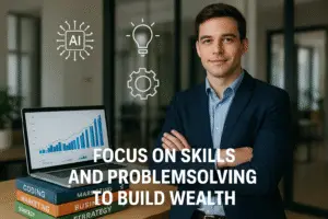 A confident young entrepreneur in a sleek office, showcasing growth through skills and innovation.