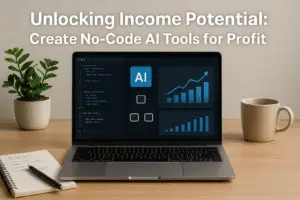 A modern workspace with a laptop, AI visuals, notes, coffee, and a plant, highlighting no-code business growth.