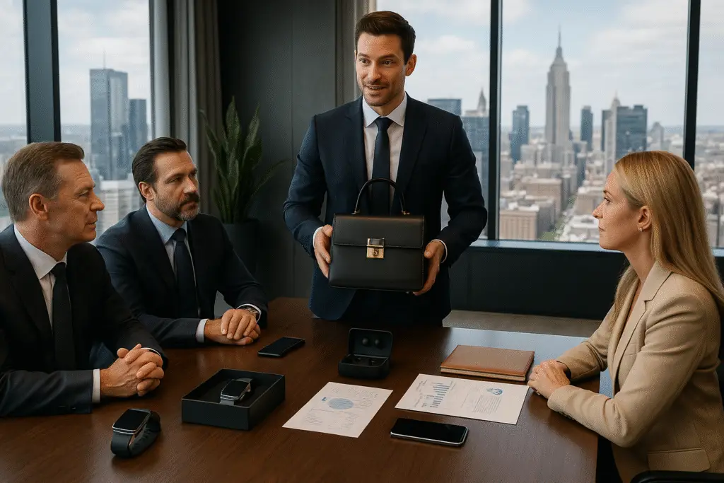 A high-end business meeting in a luxury office, showcasing a stylish entrepreneur and affluent clients.